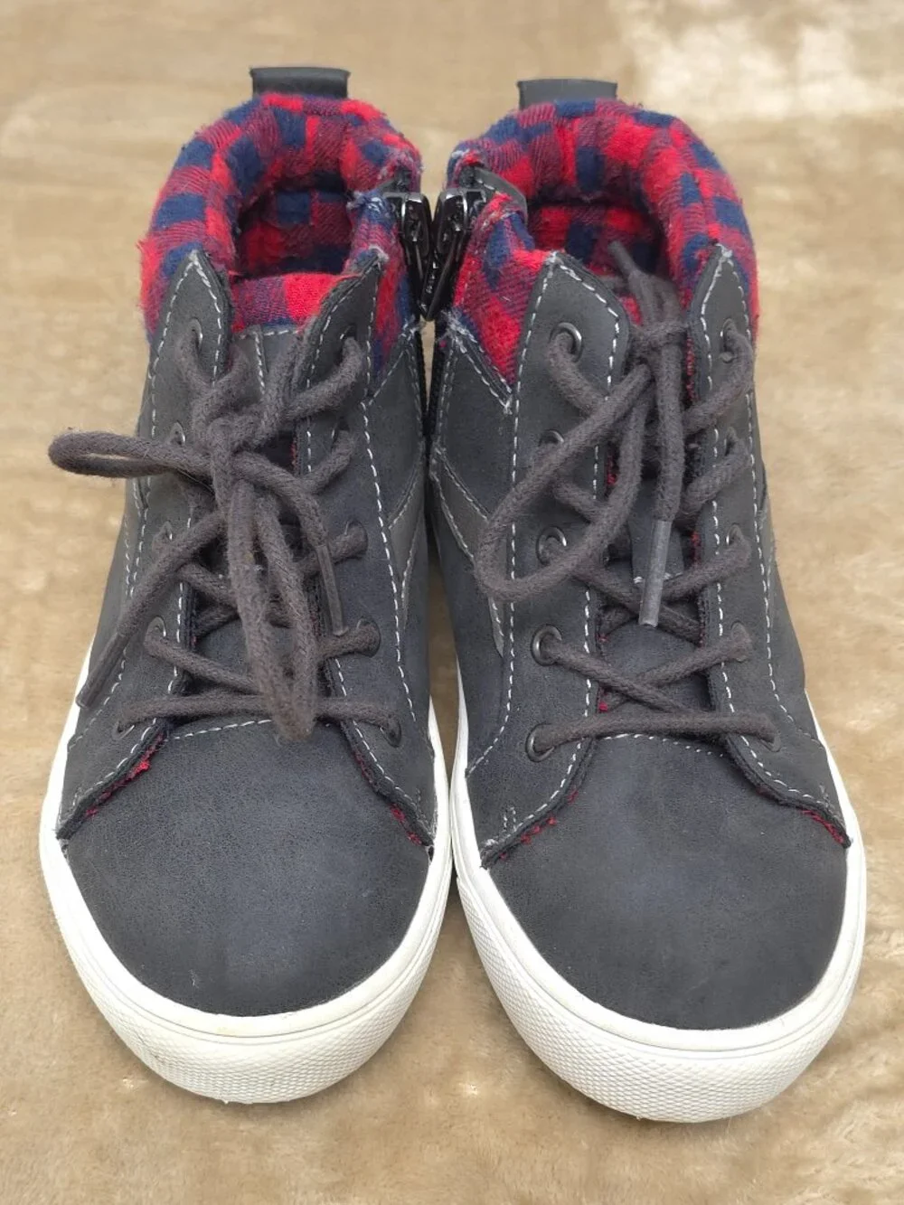 Kids Size 11 Ankle Boots Gray Red Plaid Lace Up Side Zip Shoes